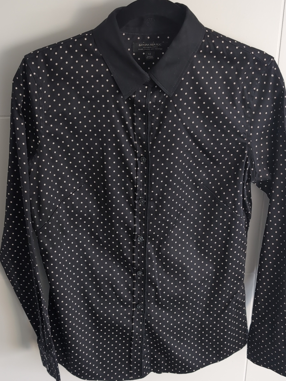 Banana Republic Black Polka Dot Button-Up Non-Iron Fitted Shirt Size 12/ 10